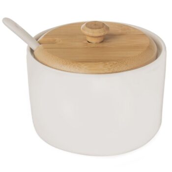 Cukierniczka Porcelanowa z Łyżeczką i Pokrywką Bambusowa 6,5cm