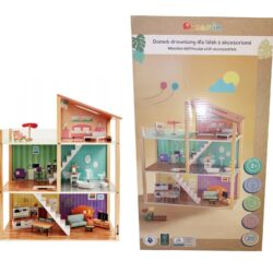 Drewniany Domek dla Lalek z Akcesoriami Świecąca Lampka