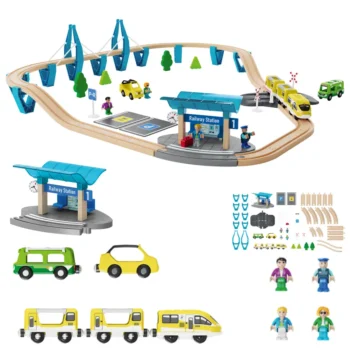kolejka Drewniana Elektroniczna Stacja Kolejowa + 2 Pojazdy